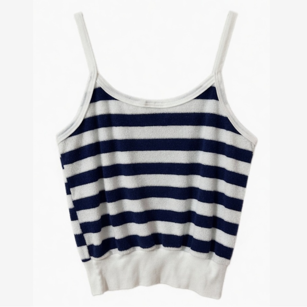 Vintage 1980’s Variety Terrycloth Striped Skinny Strap Tank Top Ribbed Waist💙🤍